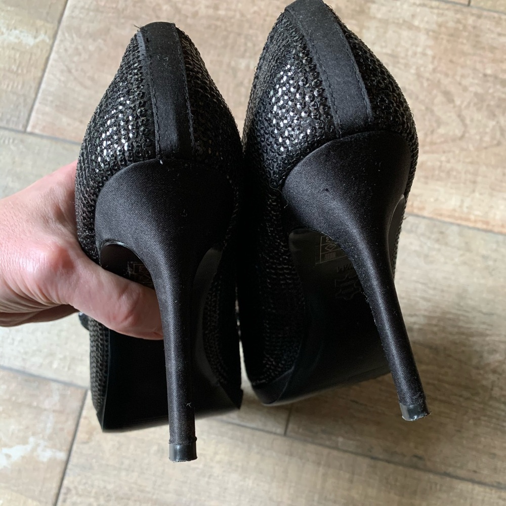 Moda Black Satin and Sequin Bow Peep Toe Heels - Picture 6 of 7
